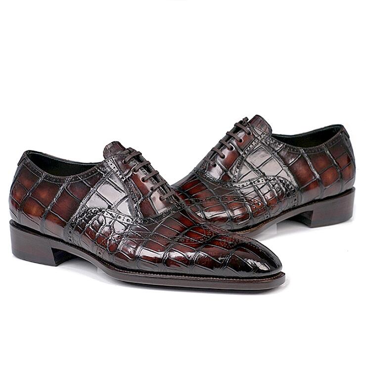 Handmade New Crocodile Shaded Brown Leather Lace Up Dress Shoes, Business Shoes