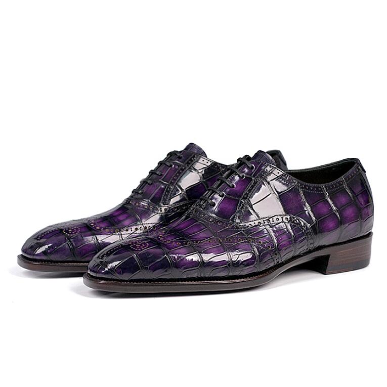 Handmade New Crocodile Shaded Purple Leather Lace Up Dress Shoes, Business Shoes