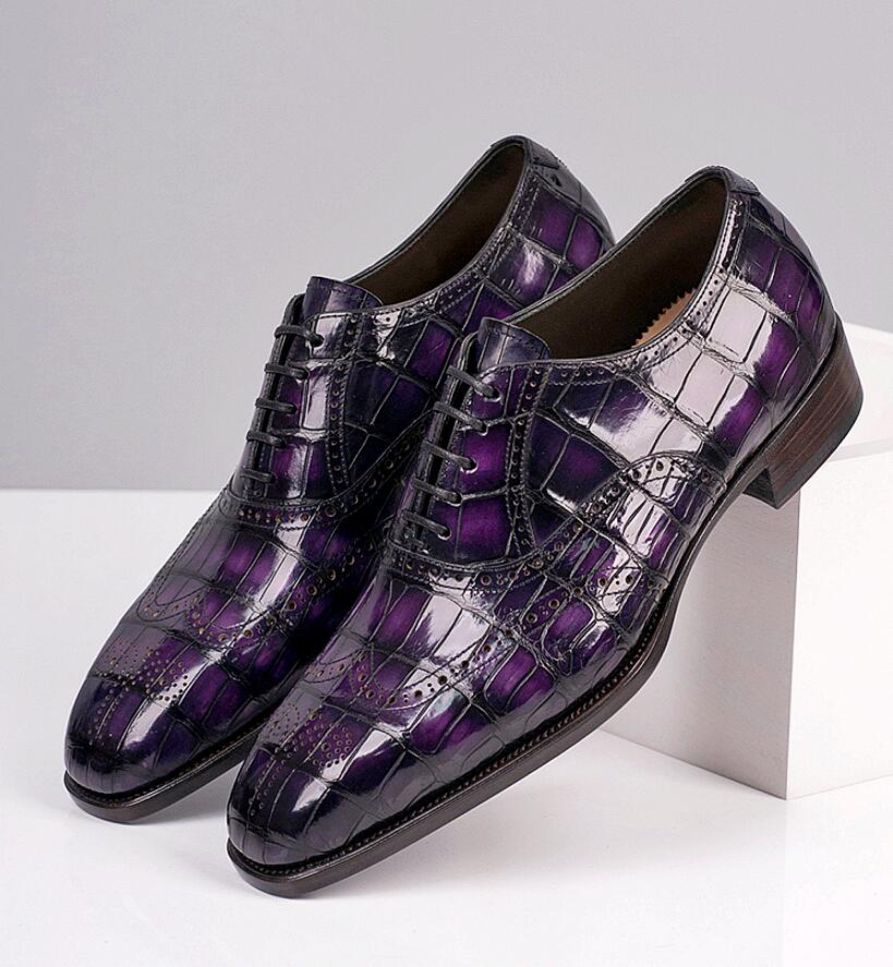 Handmade New Crocodile Shaded Purple Leather Lace Up Dress Shoes, Business Shoes