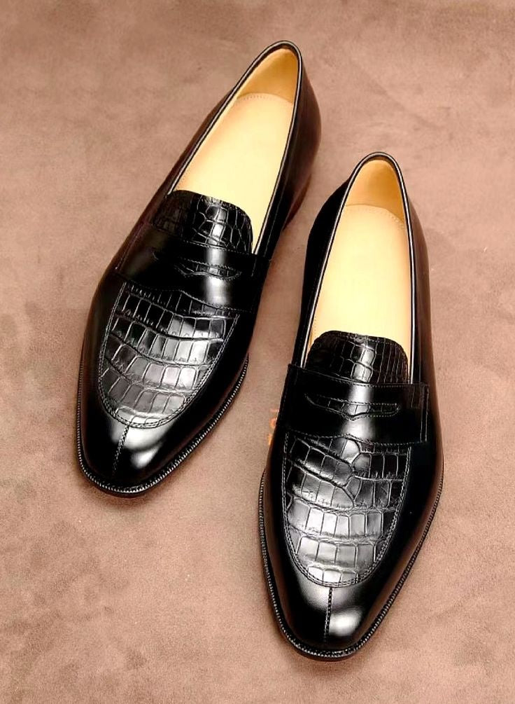 Handmade Black Men Penny Crocodile Leather Loafers, New Party Wear Moccasins