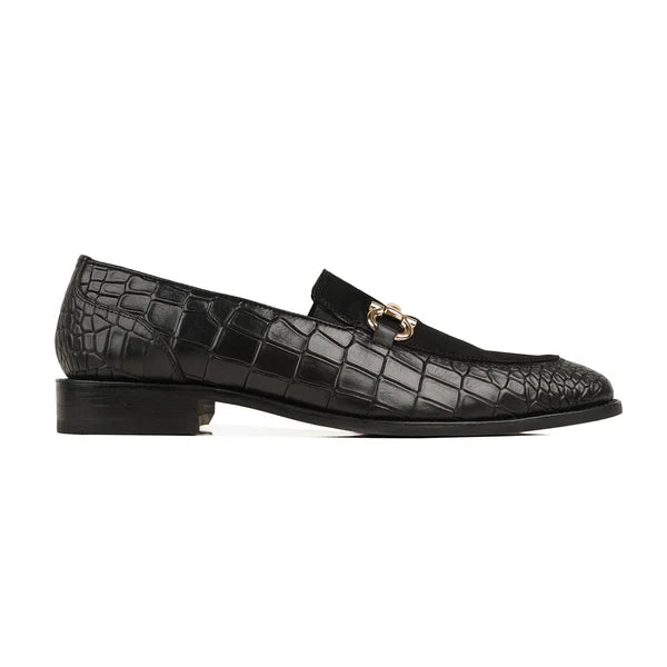 Handmade Men Black Crocodile Leather & Suede Moccasins Office Dress Shoes