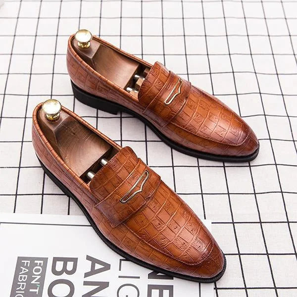 Handmade Men Crocodile Leather Brown Loafers Dress Shoes, Office Slip Ons Shoes