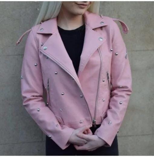 Pink Color Women Genuine Leather Jacket Silver Star Studs