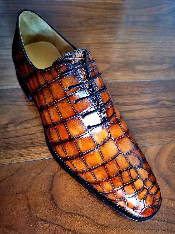 New Handmade Shaded Tan Shoes, Mens Crocodile Print Shoes, Lace Up Office Shoes