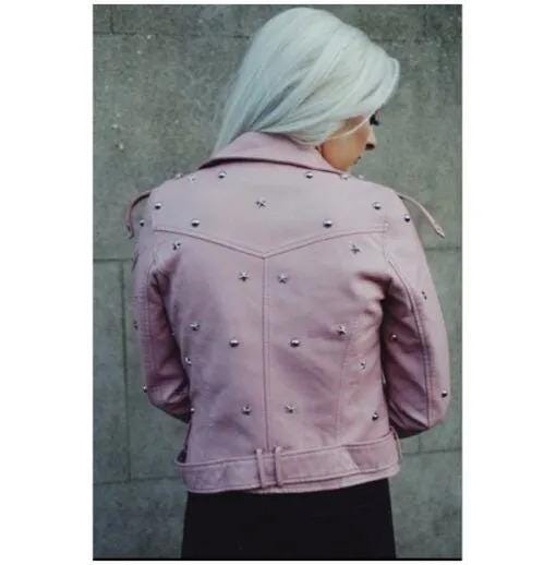 Pink Color Women Genuine Leather Jacket Silver Star Studs
