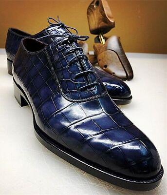 Custom made Blue Croc Print Leather WholeCut Lace Up Top Fashion Shoes