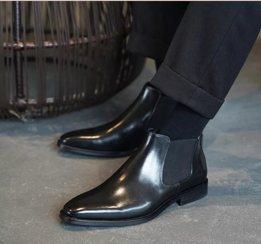 Handmade Black Leather Chelsea Office Boot, Low Ankle Pull On Boots, Party Boots