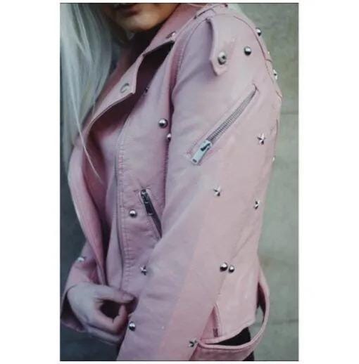 Pink Color Women Genuine Leather Jacket Silver Star Studs