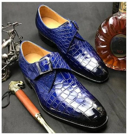 New Handcrafted Premium Quality Blue Shaded Croc Print Leather Single Monk Strap Dress Party Shoes