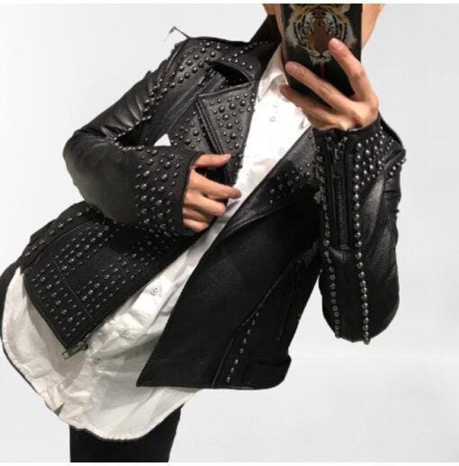 New Women Black Leather Studded Jacket, Rock Punk Biker Fashion Jacket