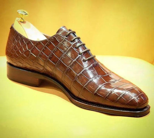 New Bespoke Handmade Premium Quality Brown Crocodile Print Leather Oxford Lace up Dress Party Shoes For Men