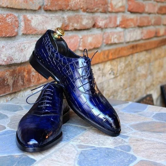 Handmade Men Blue Crocodile Leather Dress Shoes, Lace Up Office Shoes