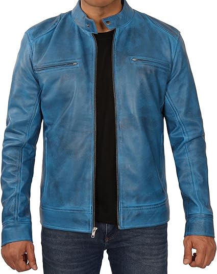 Handmade Men Light Blue Leather Slim Dress Jacket, Fashion Jacket, Biker Jackets