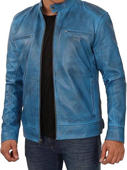 Handmade Men Light Blue Leather Slim Dress Jacket, Fashion Jacket, Biker Jackets