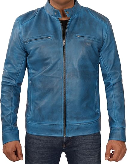 Handmade Men Light Blue Leather Slim Dress Jacket, Fashion Jacket, Biker Jackets
