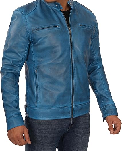 Handmade Men Light Blue Leather Slim Dress Jacket, Fashion Jacket, Biker Jackets