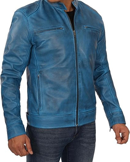 Handmade Men Light Blue Leather Slim Dress Jacket, Fashion Jacket, Biker Jackets