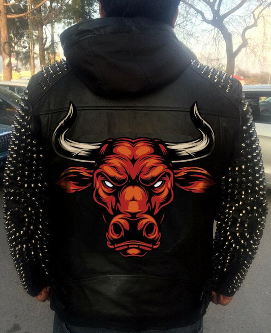 New Men Black Leather Studded Biker Fashion Jacket with Bull print on back, Bull print jacket