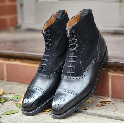 Handmade Men Black Stylish Leather & Suede Ankle Brogue Lace Up Dress Boot