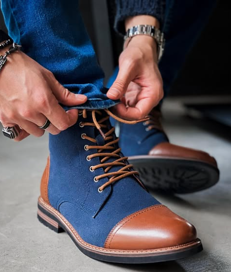 Handmade Men Brown & Blue Leather & Suede Ankle Chukka Lace Up Dress Boot