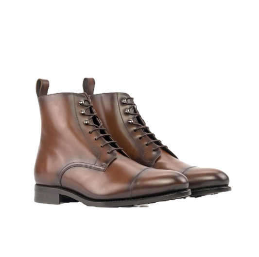 Handmade Men Dark Brown Leather High Ankle Chukka Lace Up Dress Boot, Biker Boot
