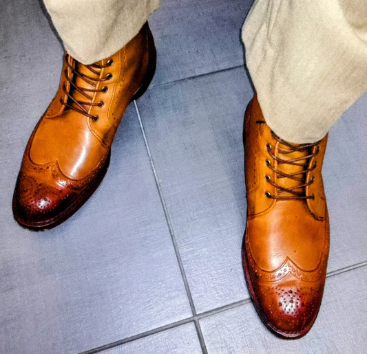 Handmade Men Tan Wing Tip Leather Lace Up High Ankle Business Boot, Dress Boot