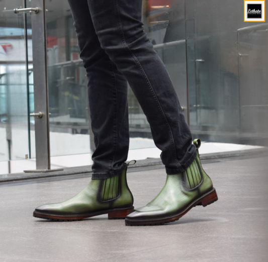 Handmade Men Stylish Dark Green Ankle Pull On Leather Business Boot, Dress Boot