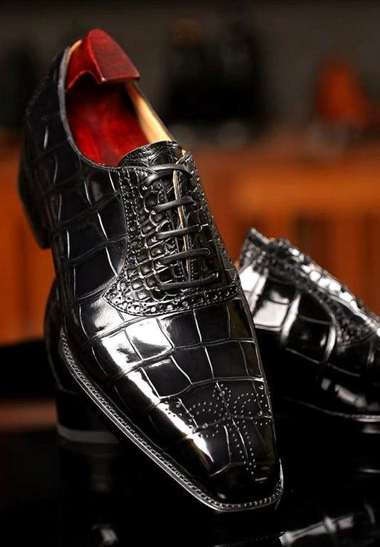 Handmade Men Black Crocodile Leather Lace Up Dress Shoes, Business Shoes