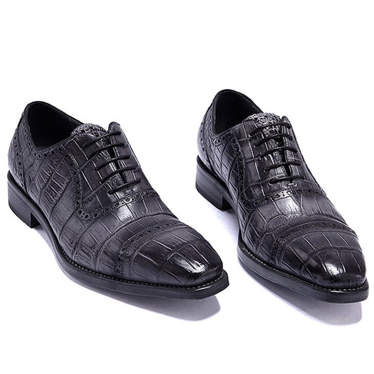 Handmade Men Shaded Gray Crocodile Leather Lace Up Dress Shoes, Business Shoes