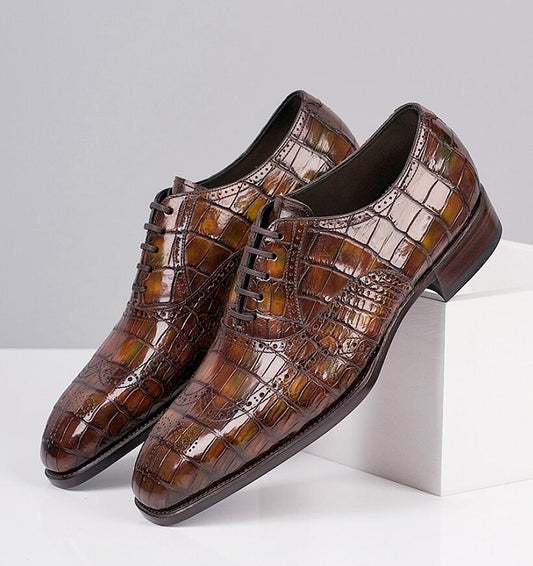 Handmade New Crocodile Shaded Tan Leather Lace Up Dress Shoes, Business Shoes