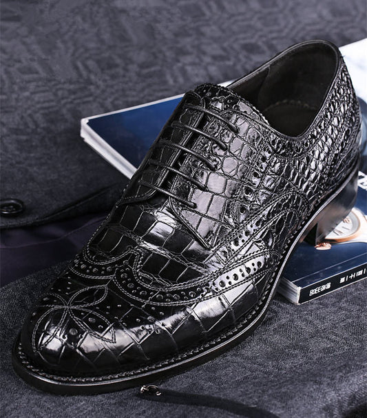 Handmade Black Wing Tip Crocodile Leather Derby Laces Dress Shoes, Business Shoe