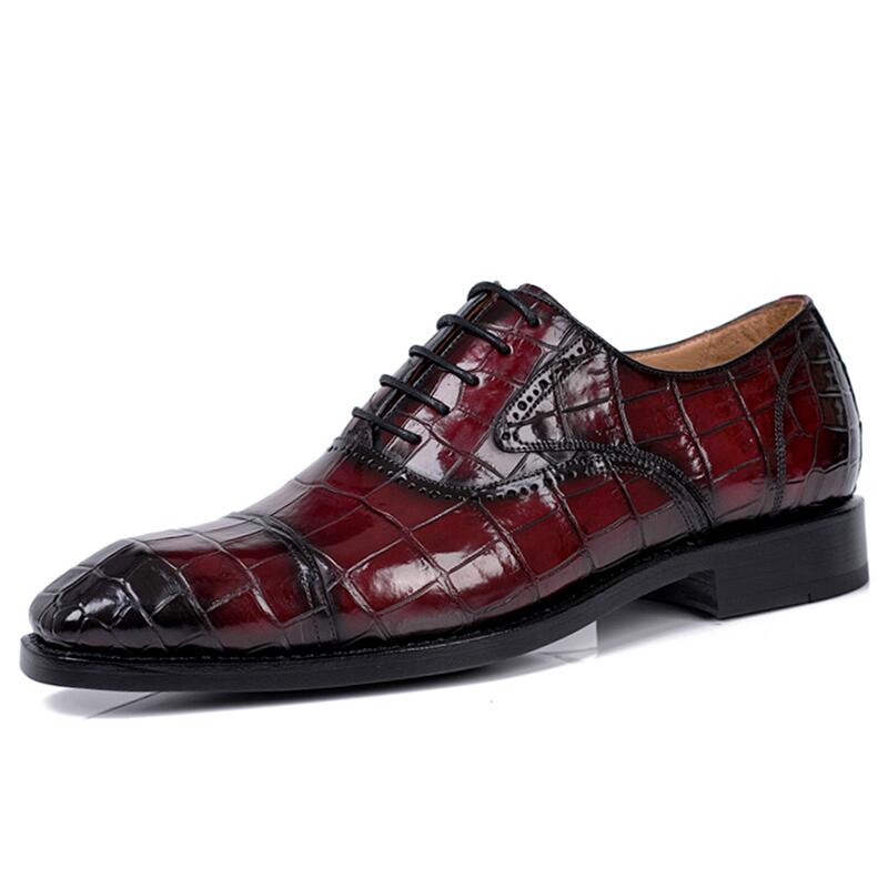 Handmade Stylish Men Shaded Red Crocodile Leather Lace Up Business Shoes