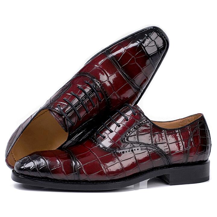 Handmade Stylish Men Shaded Red Crocodile Leather Lace Up Business Shoes