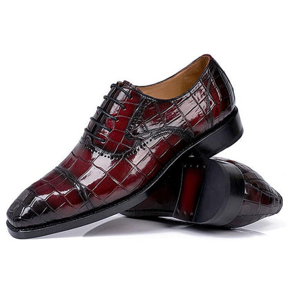 Handmade Stylish Men Shaded Red Crocodile Leather Lace Up Business Shoes