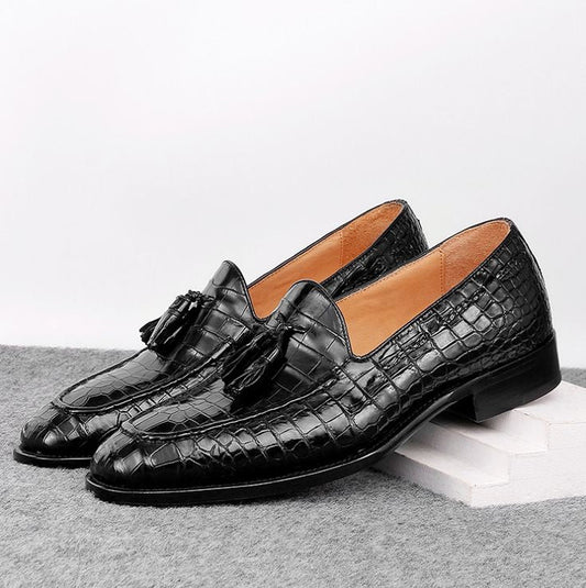 Handmade Men Black Crocodile Leather Tassel Formal Slip On Loafers Business Shoe