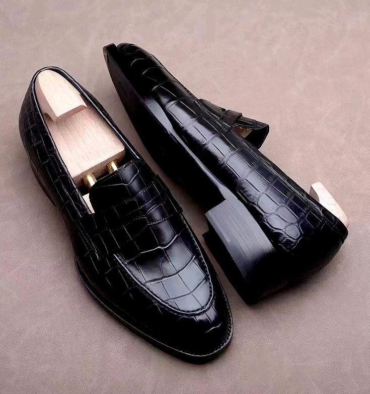 Handmade New Crocodile Leather Black Business Loafers, New Party Wear Moccasins