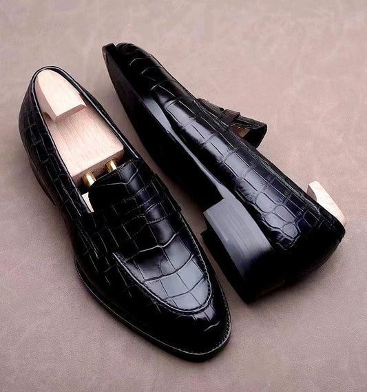 Handmade New Crocodile Leather Black Business Loafers, New Party Wear Moccasins