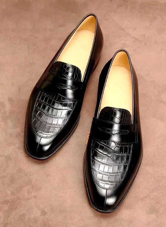 Handmade Black Men Penny Crocodile Leather Loafers, New Party Wear Moccasins