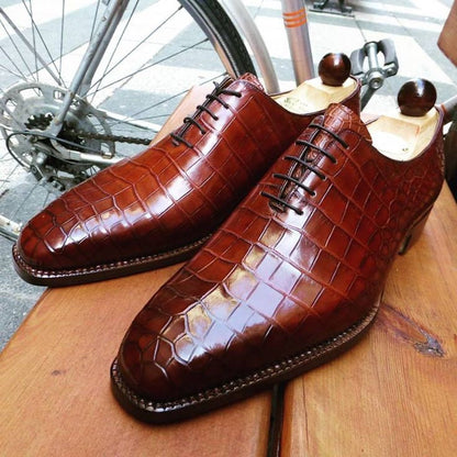 Handmade Dark Brown Shoes, Mens Crocodile Pattern Shoes, Lace Up Office Shoes
