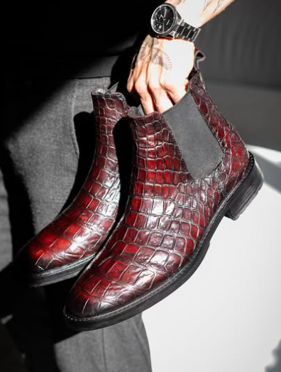 Handmade Men Red Chelsea Crocodile Leather Ankle Pull On Dress Boot, Formal Boot