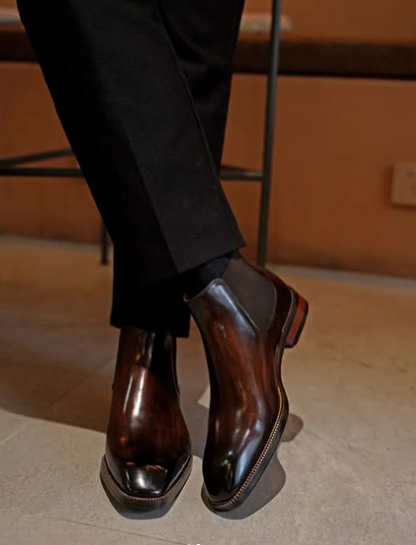 Handmade Men Shaded Brown Chelsea Leather Ankle Pull On Dress Boot, Formal Boot