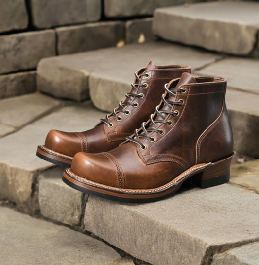 Handmade Men Dark Burnished Brown Leather Ankle Lace Up Hiking Boot, Biker Boot
