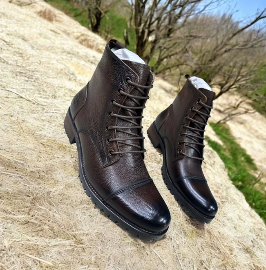 Handmade Dark Brown Leather Men Ankle Lace Up Hiking Boot, Biker Boot