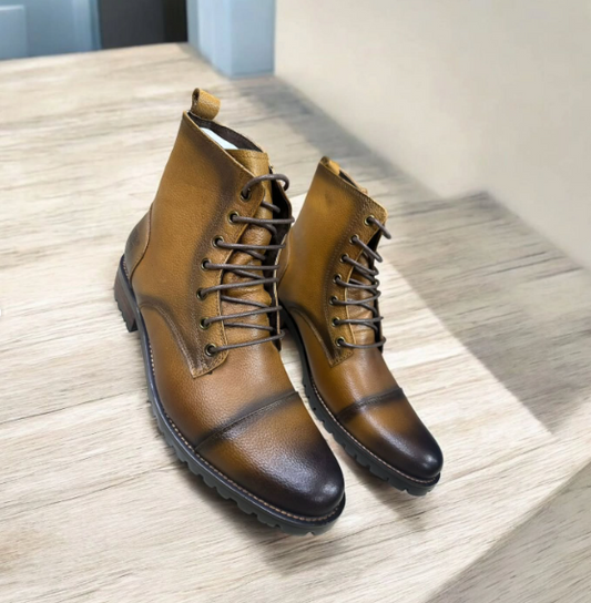 Handmade Tan Brown Men Leather Men Ankle Lace Up Hiking Boot, Biker Boot