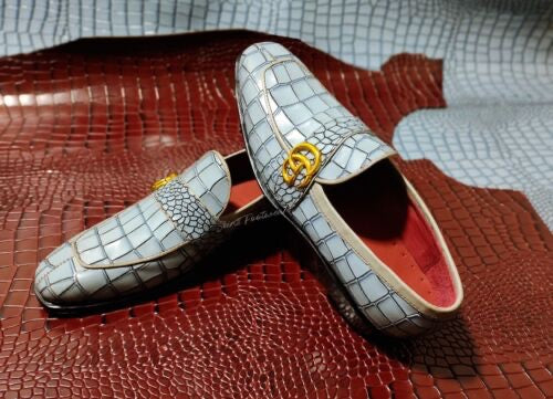 Handmade Men Light Gray Crocodile Leather Office Loafer, Party Moccasins, Wedding Shoe