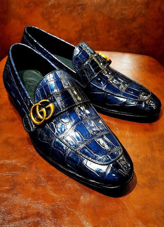 Handmade Men Dark Blue Crocodile Leather Loafer, Party Moccasins, Wedding Shoe