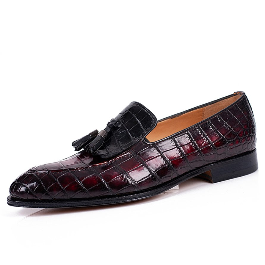 Handmade Men Shaded Maroon Crocodile Leather Tassels Loafer, Party Moccasins