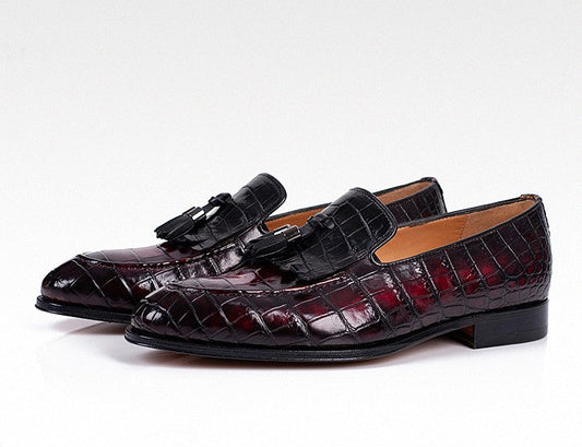 Handmade Men Shaded Maroon Crocodile Leather Tassels Loafer, Party Moccasins