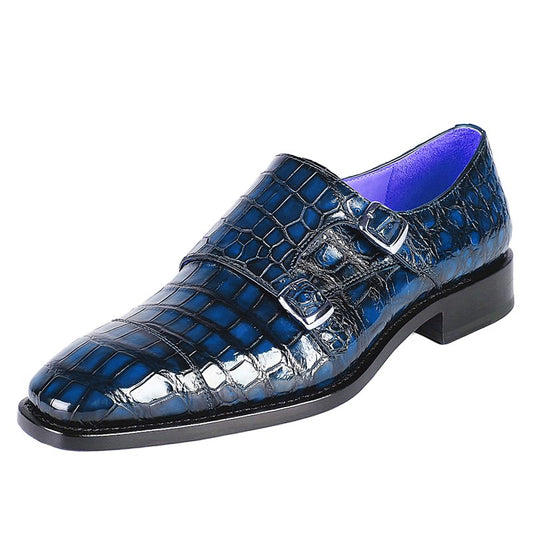 Handmade Men Blue Crocodile Leather Double Monk Buckle Business Shoes