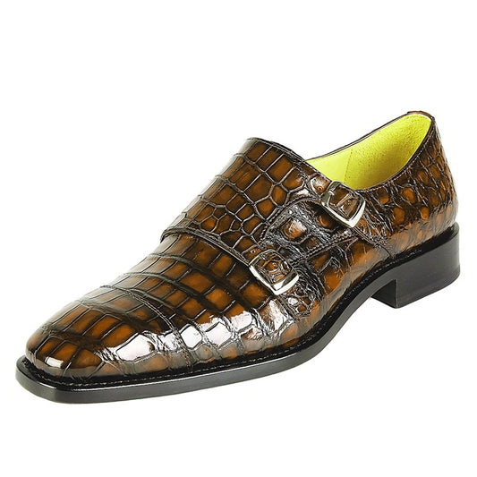 Handmade Men Shaded Tan Crocodile Leather Double Monk Buckle Business Shoes